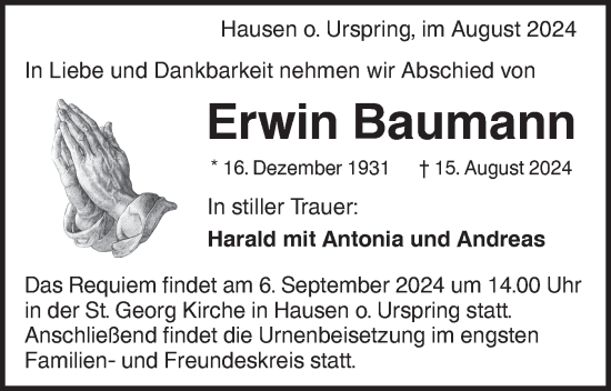 Traueranzeige von Erwin Baumann von Alb-Bote/Ehinger Tagblatt