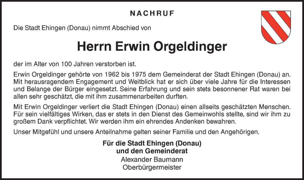  Traueranzeige für Erwin Orgeldinger vom 04.09.2024 aus Ehinger Tagblatt