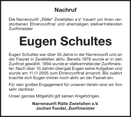 Traueranzeige von Eugen Schultes von Alb-Bote/Metzinger-Uracher Volksblatt