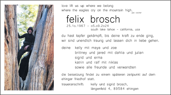 Traueranzeige von Felix Brosch von SÜDWEST PRESSE Ausgabe Ulm/Neu-Ulm