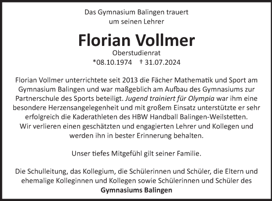 Traueranzeige von Florian Vollmer von SÜDWEST PRESSE Zollernalbkreis/Hohenzollerische Zeitung