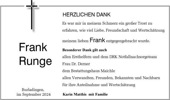 Traueranzeige von Frank Runge von SÜDWEST PRESSE Zollernalbkreis/Hohenzollerische Zeitung