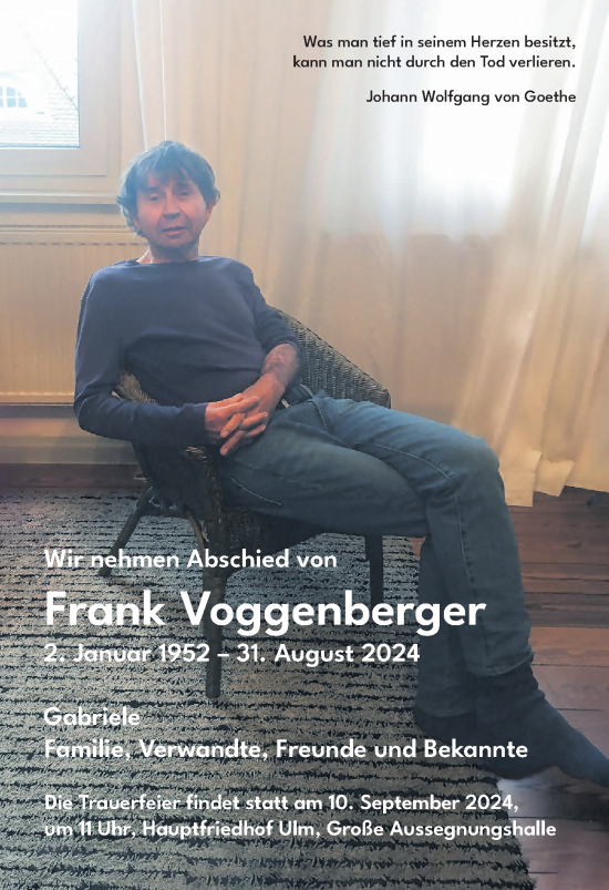 Traueranzeige von Frank Voggenberger von SÜDWEST PRESSE Ausgabe Ulm/Neu-Ulm