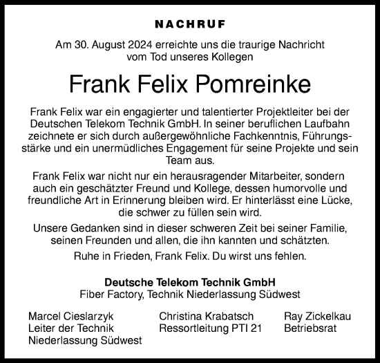 Traueranzeige von Frank Felix Pomreinke von Haller Tagblatt