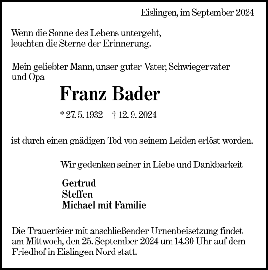 Traueranzeige von Franz Bader von NWZ Neue Württembergische Zeitung