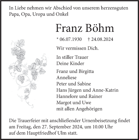 Traueranzeige von Franz Böhm von SÜDWEST PRESSE Ausgabe Ulm/Neu-Ulm