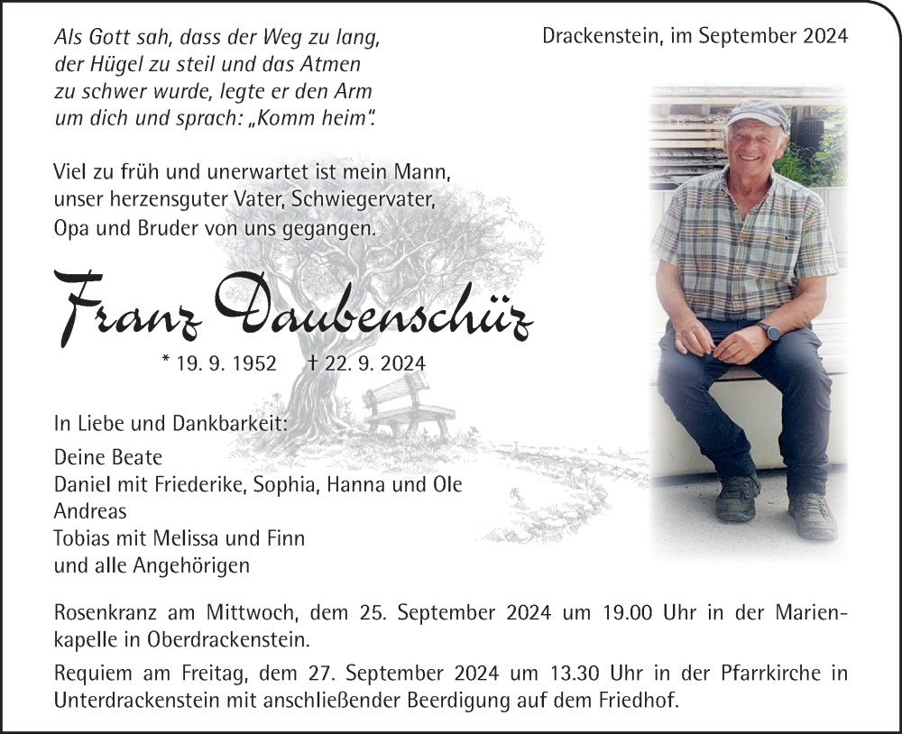  Traueranzeige für Franz Daubenschüz vom 25.09.2024 aus NWZ Neue Württembergische Zeitung/Geislinger Zeitung