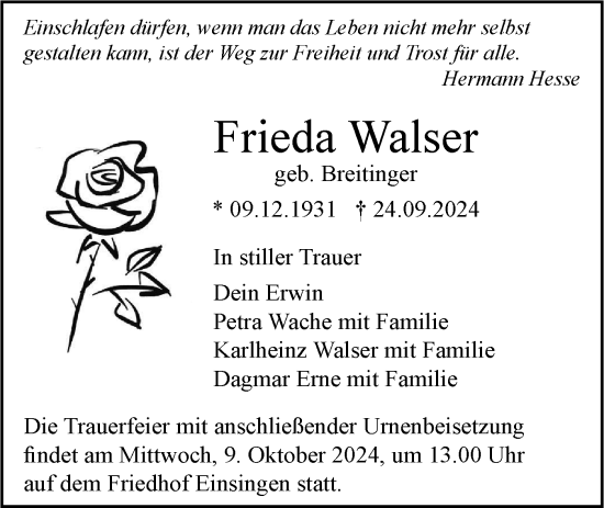 Traueranzeige von Frieda Walser von SÜDWEST PRESSE Ausgabe Ulm/Neu-Ulm