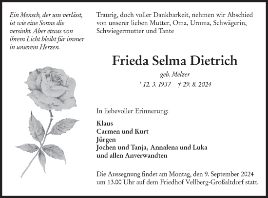 Traueranzeige von Frieda Selma Dietrich von Haller Tagblatt