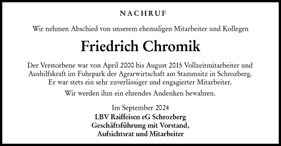 Traueranzeige von Friedrich Chromik von Hohenloher Tagblatt