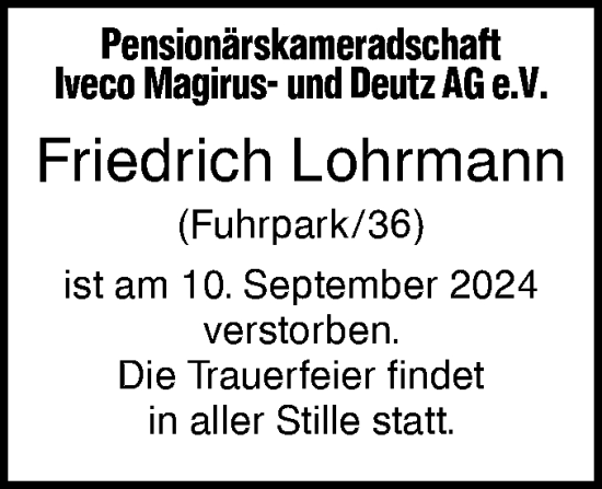 Traueranzeige von Friedrich Lohrmann von SÜDWEST PRESSE Ausgabe Ulm/Neu-Ulm