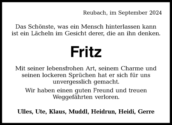 Traueranzeige von Fritz  von Hohenloher Tagblatt