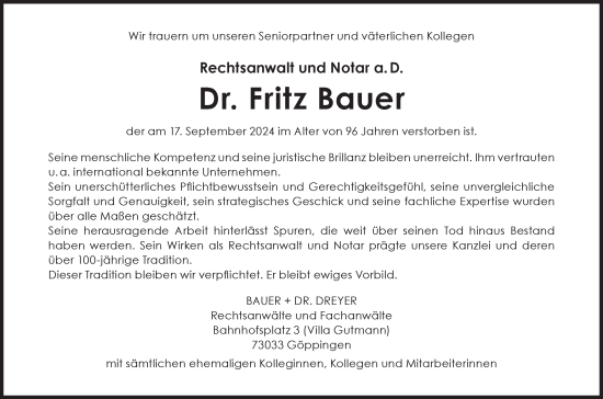 Traueranzeige von Fritz Bauer von NWZ Neue Württembergische Zeitung