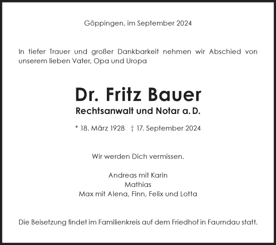 Traueranzeige von Fritz Bauer von NWZ Neue Württembergische Zeitung