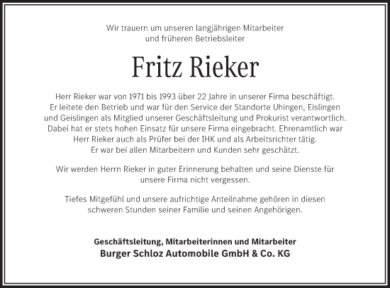 Traueranzeige von Fritz Rieker von NWZ Neue Württembergische Zeitung