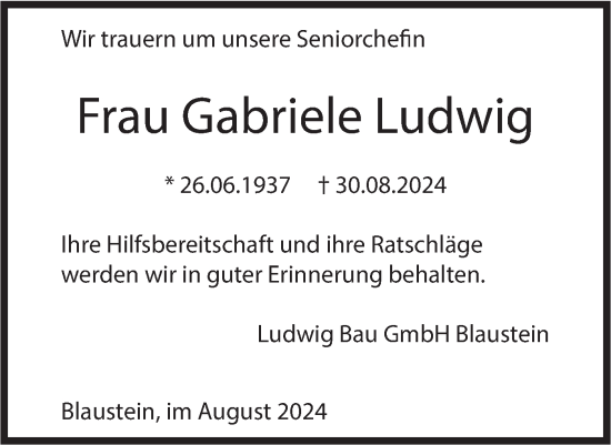 Traueranzeige von Gabriele Ludwig von SÜDWEST PRESSE Ausgabe Ulm/Neu-Ulm