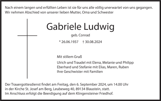 Traueranzeige von Gabriele Ludwig von SÜDWEST PRESSE Ausgabe Ulm/Neu-Ulm