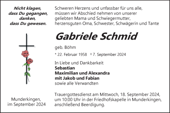 Traueranzeige von Gabriele Schmid von Ehinger Tagblatt