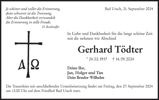 Traueranzeige von Gerhard Tödter von Alb-Bote/Metzinger-Uracher Volksblatt