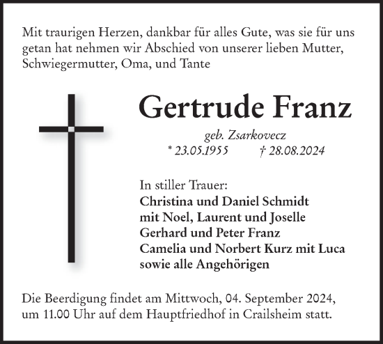 Traueranzeige von Gertrude Franz von Hohenloher Tagblatt