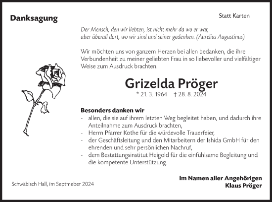 Traueranzeige von Grizelda Pröger von Haller Tagblatt/Hohenloher Tagblatt