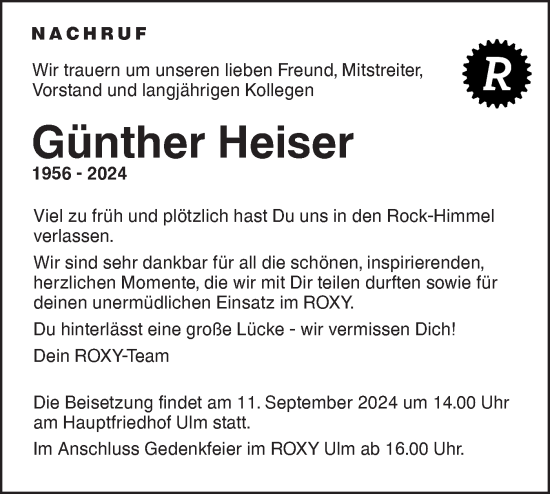 Traueranzeige von Günther Heiser von SÜDWEST PRESSE Ausgabe Ulm/Neu-Ulm