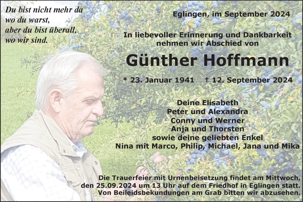  Traueranzeige für Günther Hoffmann vom 21.09.2024 aus Alb-Bote/Metzinger-Uracher Volksblatt