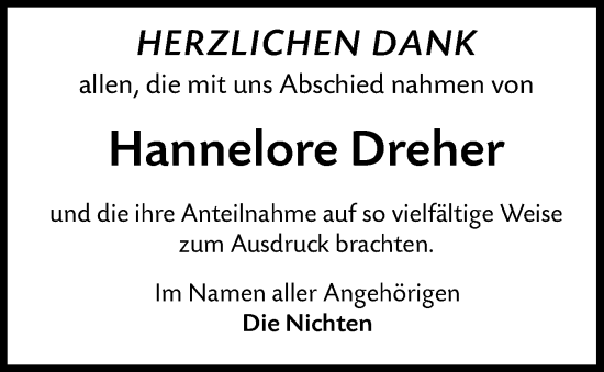 Traueranzeige von Hannelore Dreher von SÜDWEST PRESSE Zollernalbkreis/Hohenzollerische Zeitung