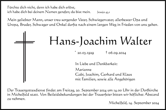 Traueranzeige von Hans-Joachim Walter von Haller Tagblatt