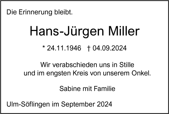 Traueranzeige von Hans-Jürgen Miller von SÜDWEST PRESSE Ausgabe Ulm/Neu-Ulm