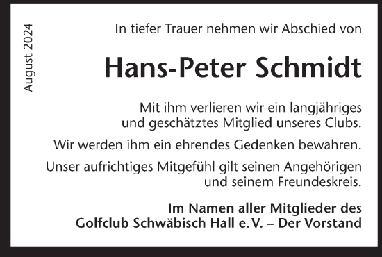 Traueranzeige von Hans-Peter Schmidt von Hohenloher Tagblatt