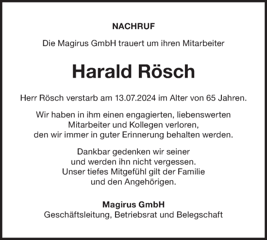 Traueranzeige von Harald Rösch von SÜDWEST PRESSE Ausgabe Ulm/Neu-Ulm