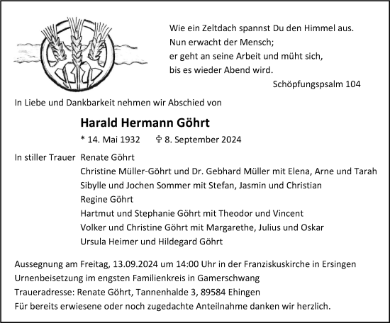 Traueranzeige von Harald Hermann Göhrt von Ehinger Tagblatt