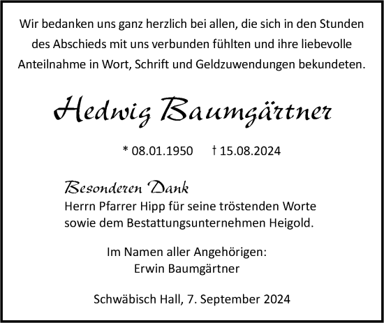 Traueranzeige von Hedwig Baumgärtner von Haller Tagblatt