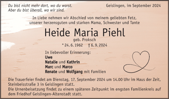 Traueranzeige von Heide Maria Piehl von Geislinger Zeitung