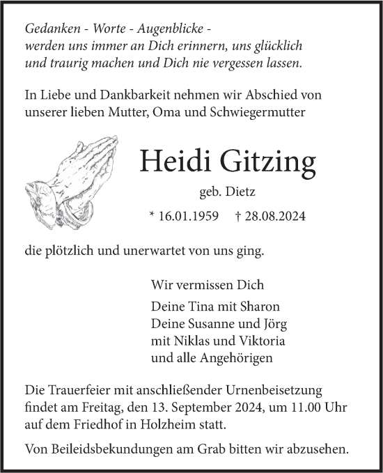 Traueranzeige von Heidi Gitzing von SÜDWEST PRESSE Ausgabe Ulm/Neu-Ulm/Neu-Ulmer Zeitung