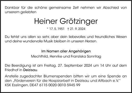 Traueranzeige von Heiner Grötzinger von NWZ Neue Württembergische Zeitung