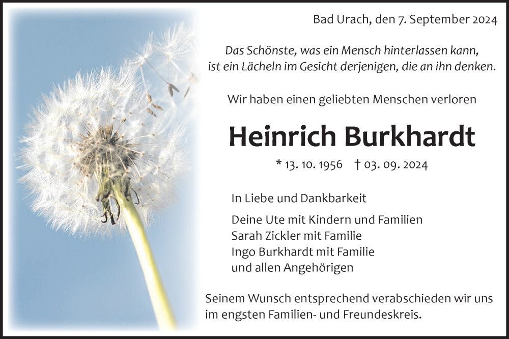  Traueranzeige für Heinrich Burkhardt vom 07.09.2024 aus Alb-Bote/Metzinger-Uracher Volksblatt