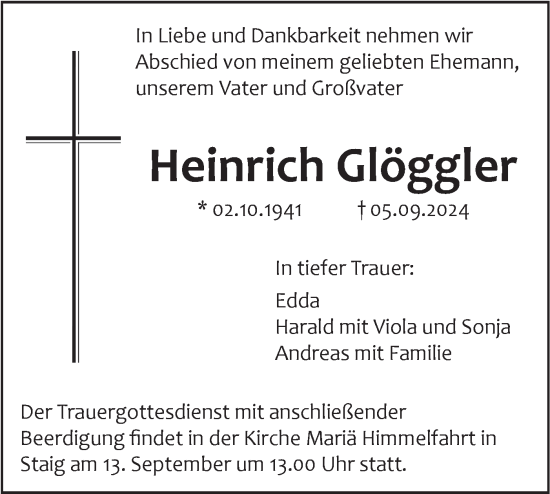 Traueranzeige von Heinrich Glöggler von SÜDWEST PRESSE Ausgabe Ulm/Neu-Ulm