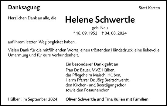 Traueranzeige von Helene Schwertle von Alb-Bote/Metzinger-Uracher Volksblatt