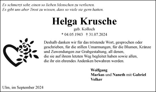 Traueranzeige von Helga Krusche von SÜDWEST PRESSE Ausgabe Ulm/Neu-Ulm