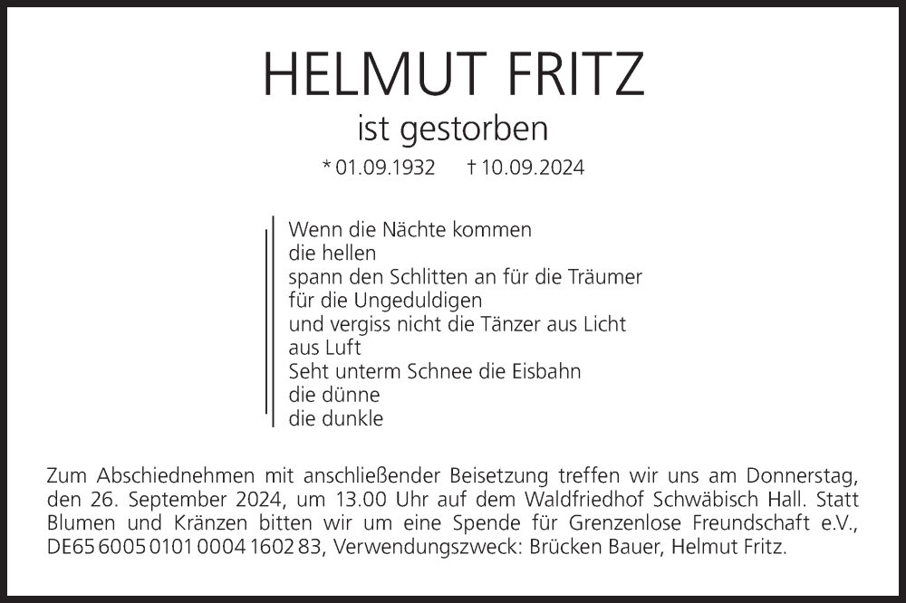  Traueranzeige für Helmut Fritz vom 21.09.2024 aus Haller Tagblatt