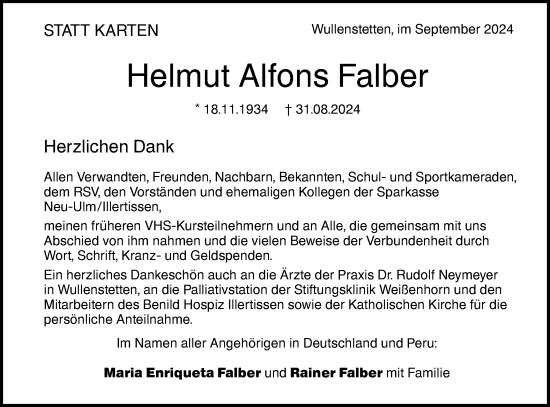 Traueranzeige von Helmut Alfons Falber von SÜDWEST PRESSE Ausgabe Ulm/Neu-Ulm/Neu-Ulmer Zeitung