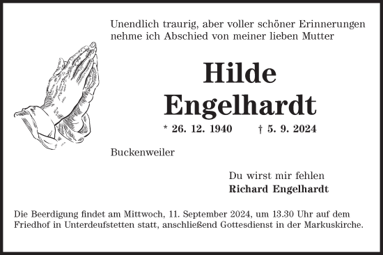 Traueranzeige von Hilde Engelhardt von Hohenloher Tagblatt