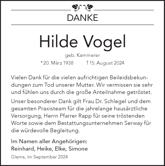 Traueranzeige von Hilde Vogel von Alb-Bote/Metzinger-Uracher Volksblatt