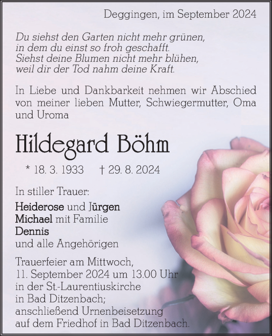 Traueranzeige von Hildegard Böhm von Geislinger Zeitung