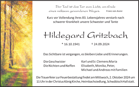 Traueranzeige von Hildegard Gritzbach von Haller Tagblatt