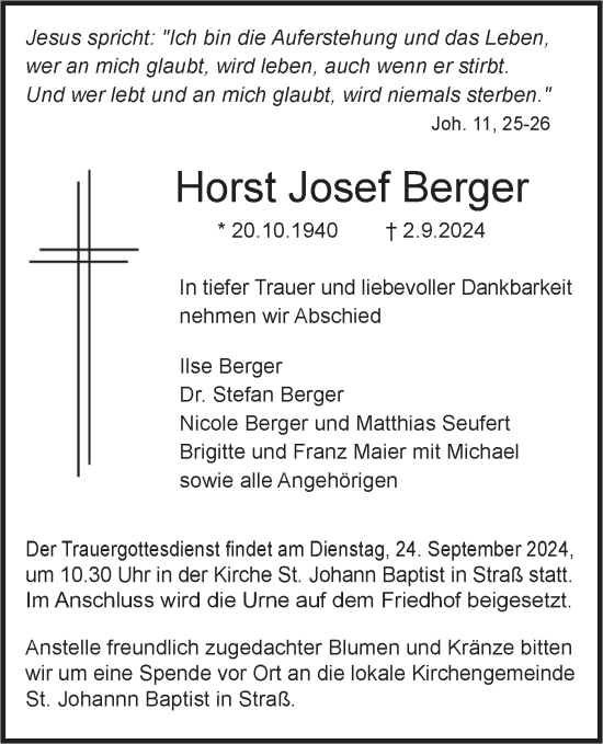 Traueranzeige von Horst Josef Berger von SÜDWEST PRESSE Ausgabe Ulm/Neu-Ulm