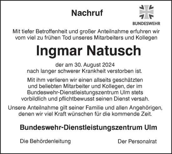 Traueranzeige von Ingmar Natusch von SÜDWEST PRESSE Ausgabe Ulm/Neu-Ulm