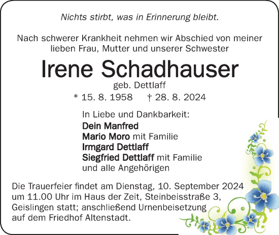 Traueranzeige von Irene Schadhauser von Geislinger Zeitung